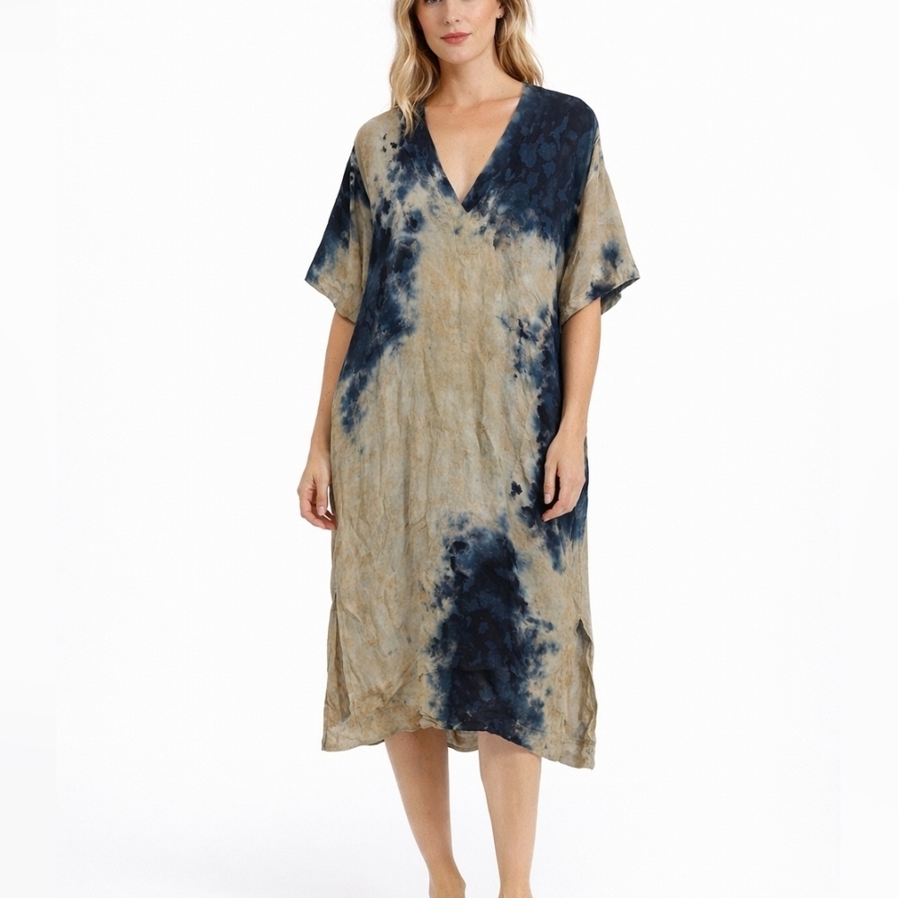 Enza Costa Tie-Dye V-Neck Midi Dress Size 1 (Small) | Viscose Boho Relaxed
